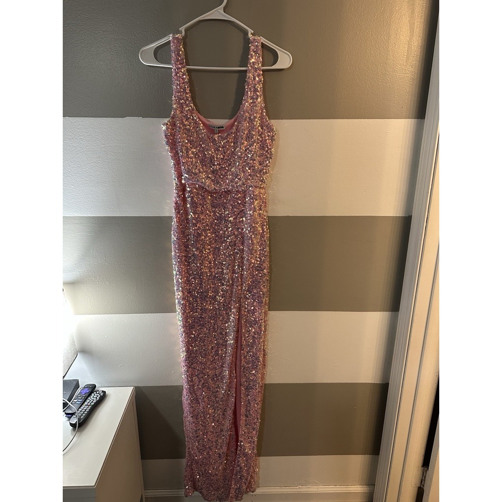 Fashion Nova Pink sequin All Love Prom Evening Gown poly lined slit long Dress M